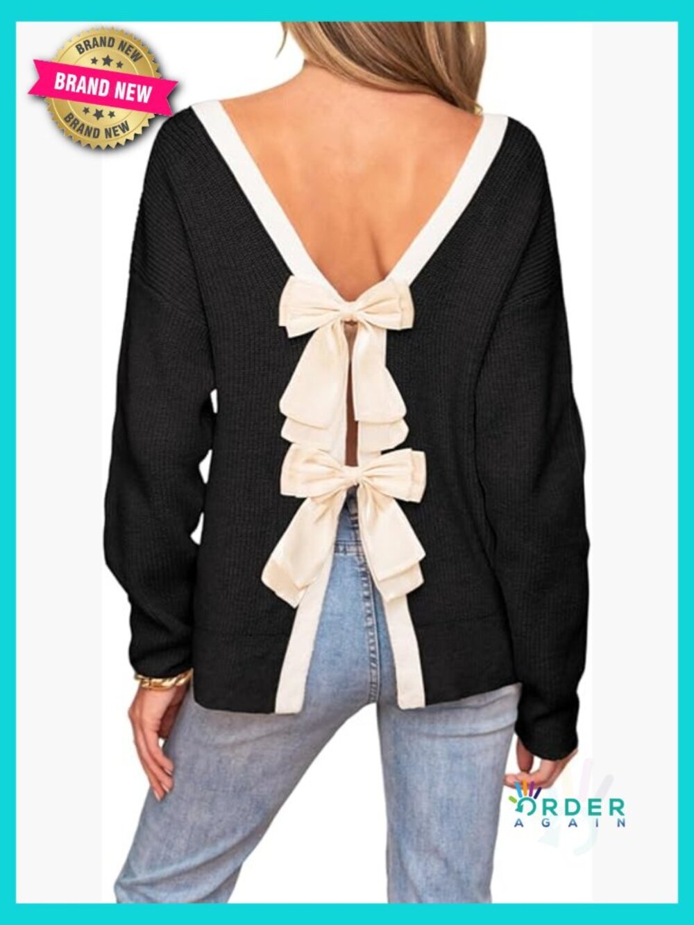 Ribbed Knit Pullover Sweater Backless Bow Contrast Trim Long Sleeve